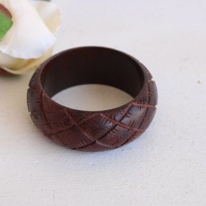 Vintage Bangle Bracelet, Brown Wood Carved Stacking Bracelet, Made in India